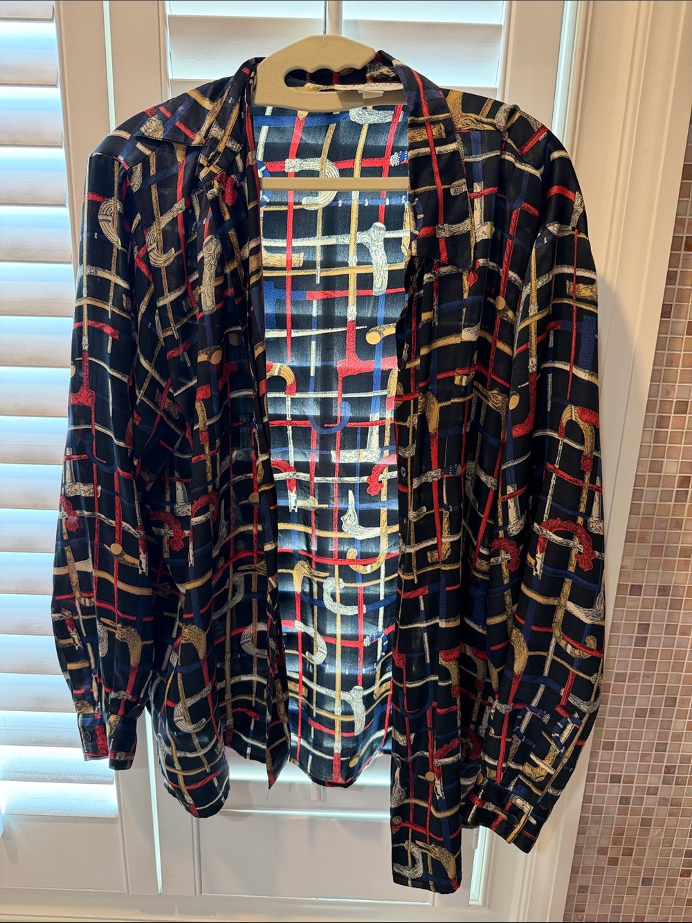Black Patterned Button-Up Shirt with Red and Gold Chain Print 100% washable silk